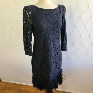 Exquisite Jonathan Martin Cocktail Dress • Black Floral Lace • Feathers •Size 12